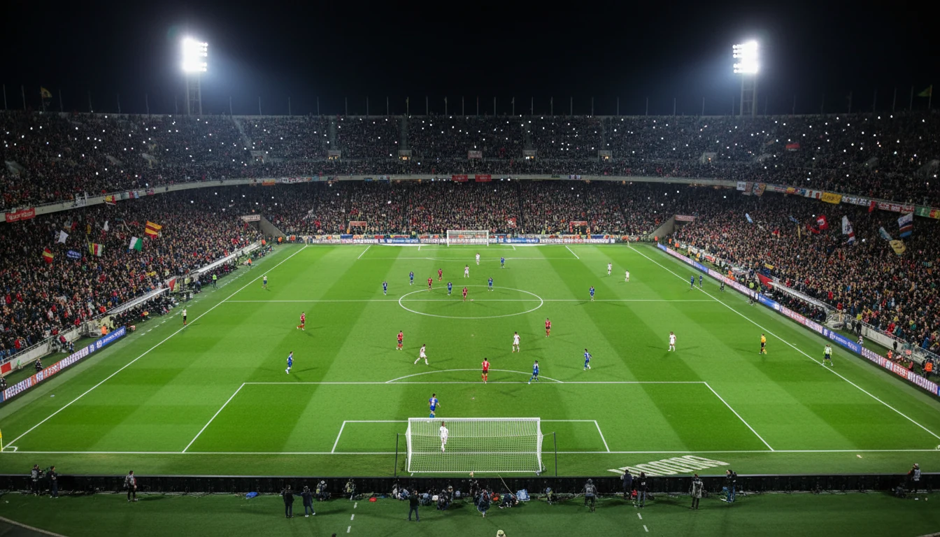 Estadio de fútbol iluminado durante un partido nocturno con aficionados en las gradas