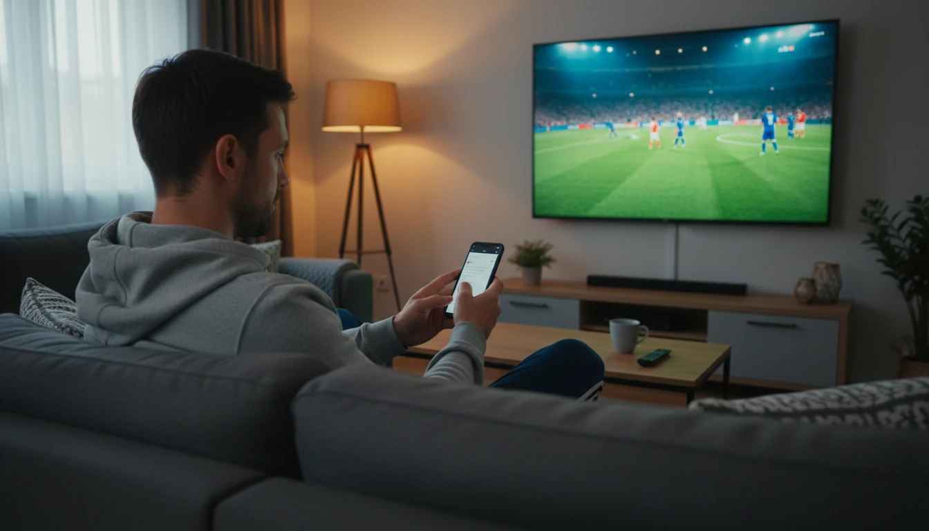 Aficionado viendo un partido de fútbol en televisión con smartphone en la mano
