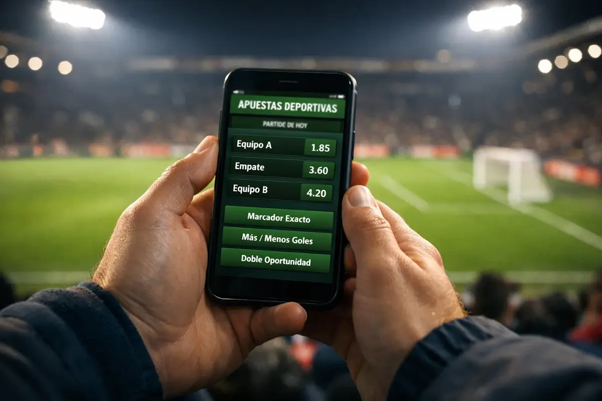 Pantalla de apuestas deportivas mostrando cuotas de un partido de fútbol en un estadio iluminado