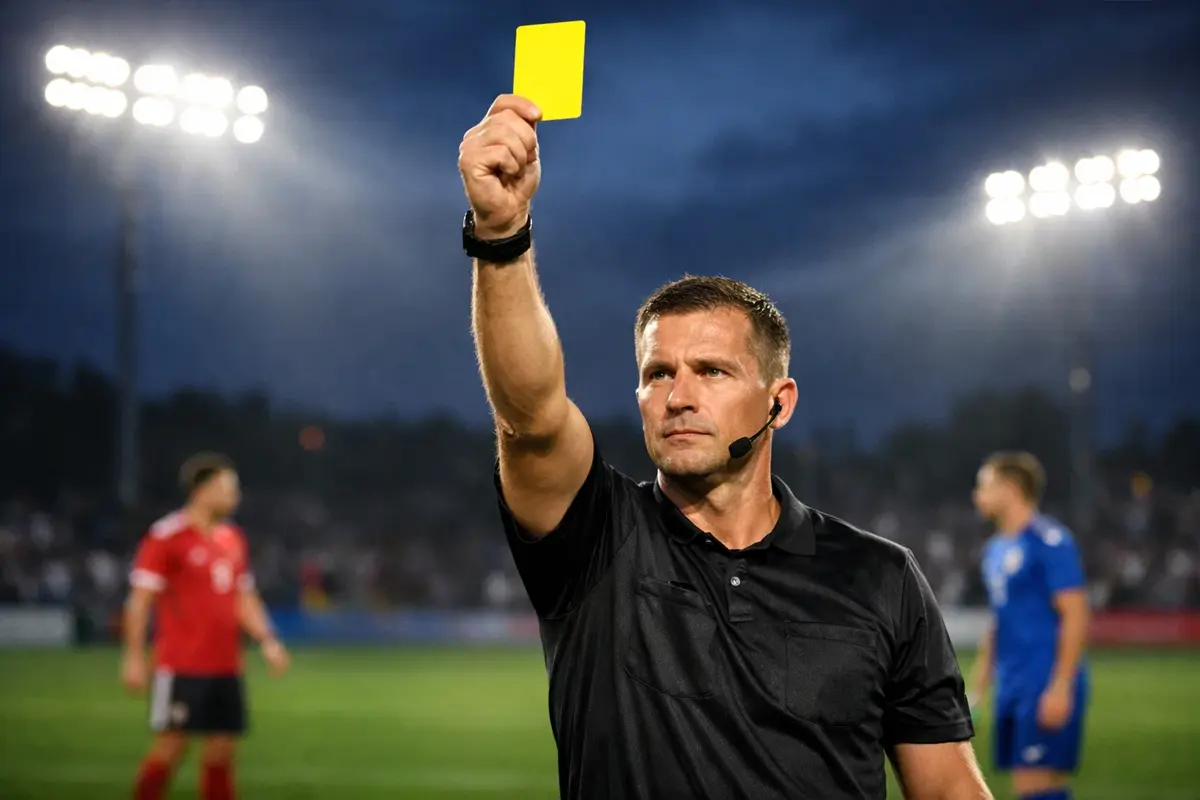 Árbitro de fútbol mostrando una tarjeta amarilla en un partido disputado sobre césped