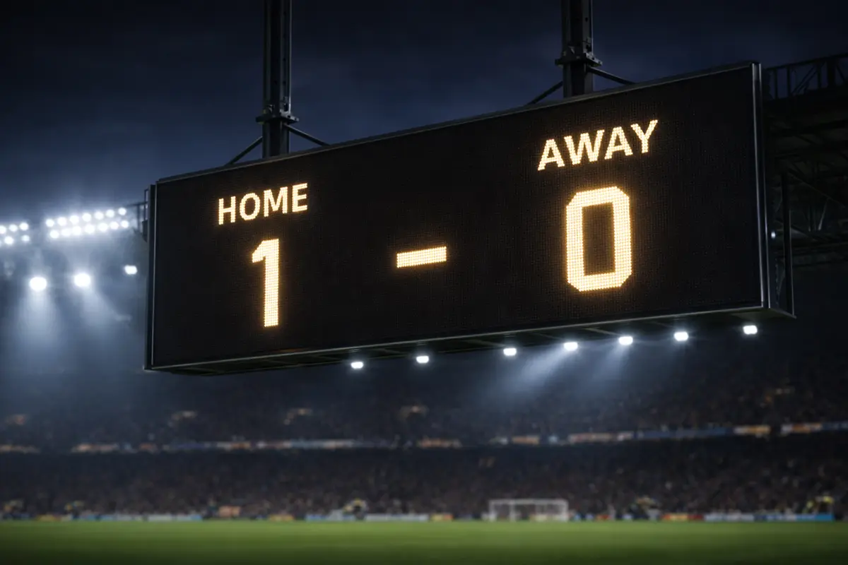 Marcador electrónico de un estadio de fútbol mostrando el resultado de un partido nocturno
