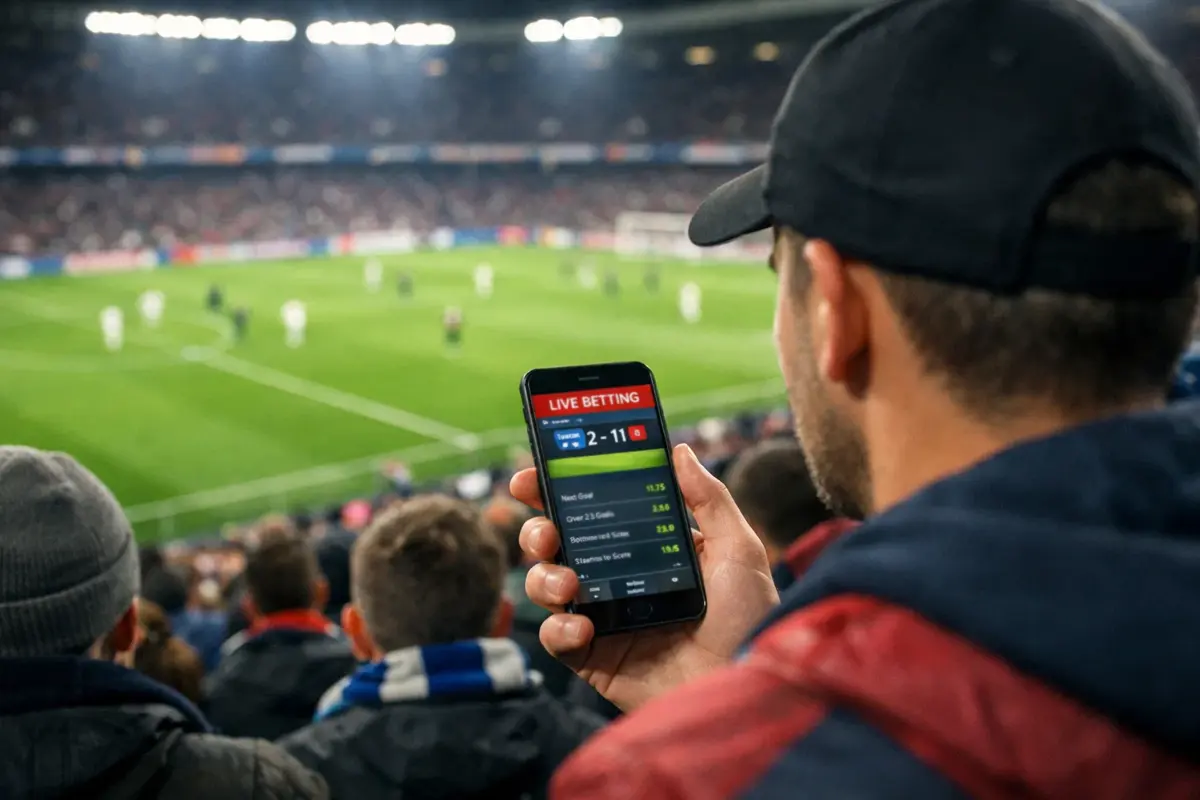 Aficionado viendo un partido de fútbol en directo desde la grada con su móvil en la mano