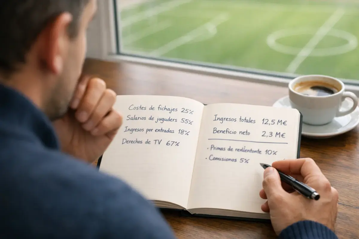 Persona analizando estadísticas de fútbol con un cuaderno de notas junto a un campo de césped