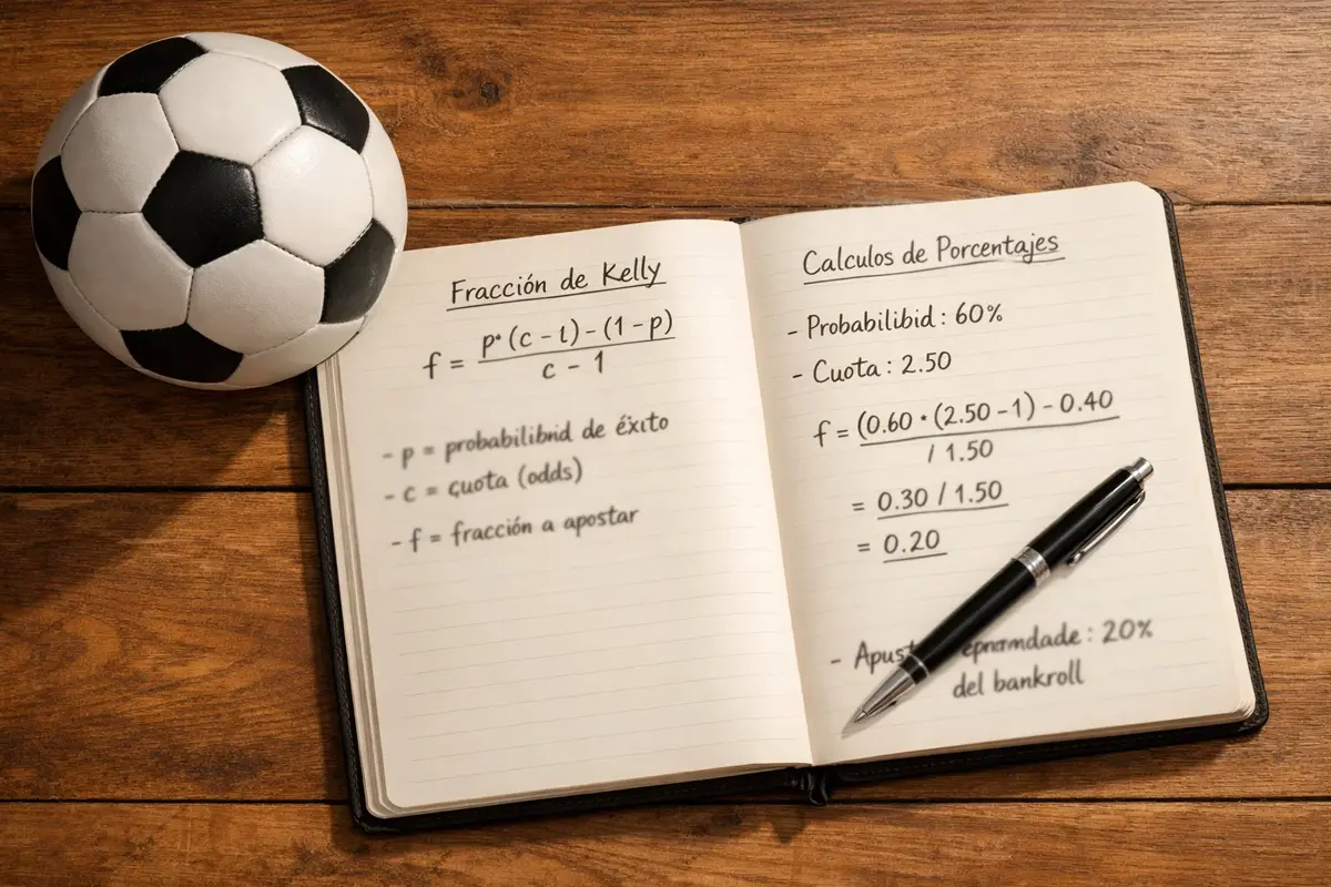 Cuaderno abierto con fórmulas y anotaciones sobre una mesa de madera junto a un balón de fútbol
