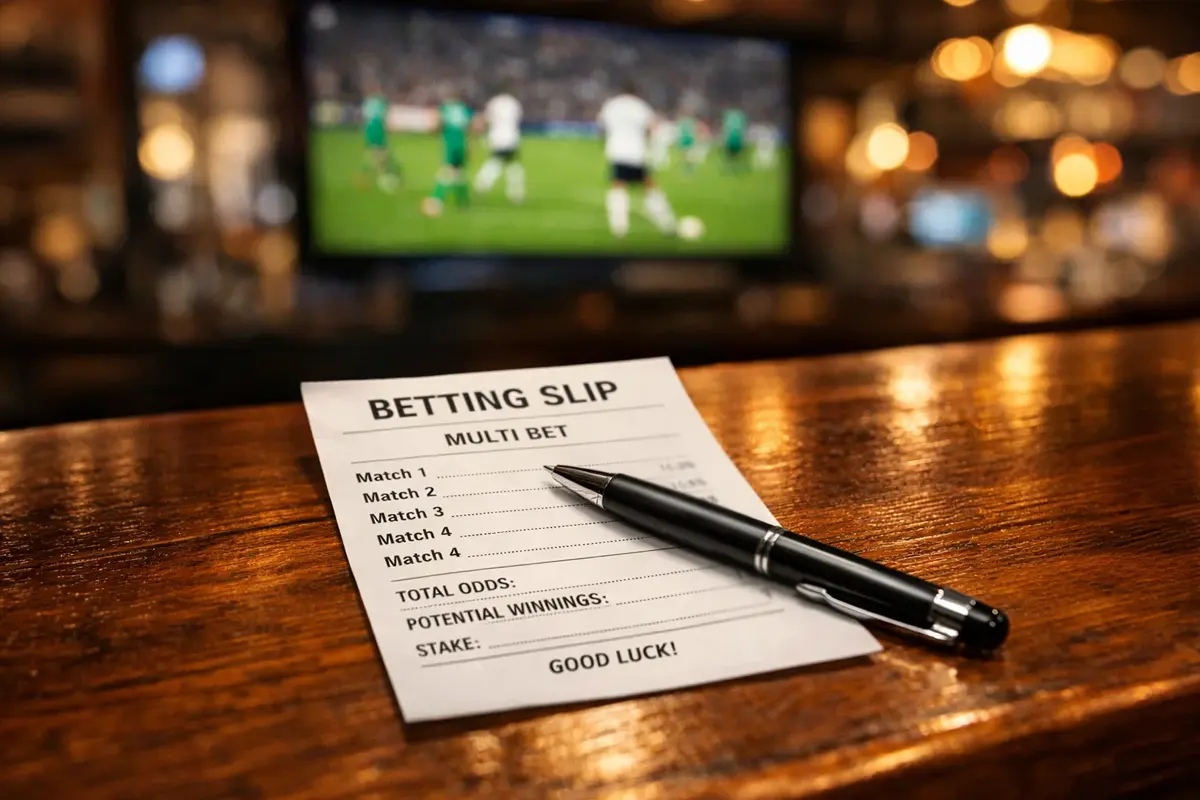 Boleto de apuestas deportivas sobre una mesa junto a un bolígrafo y un estadio de fútbol al fondo