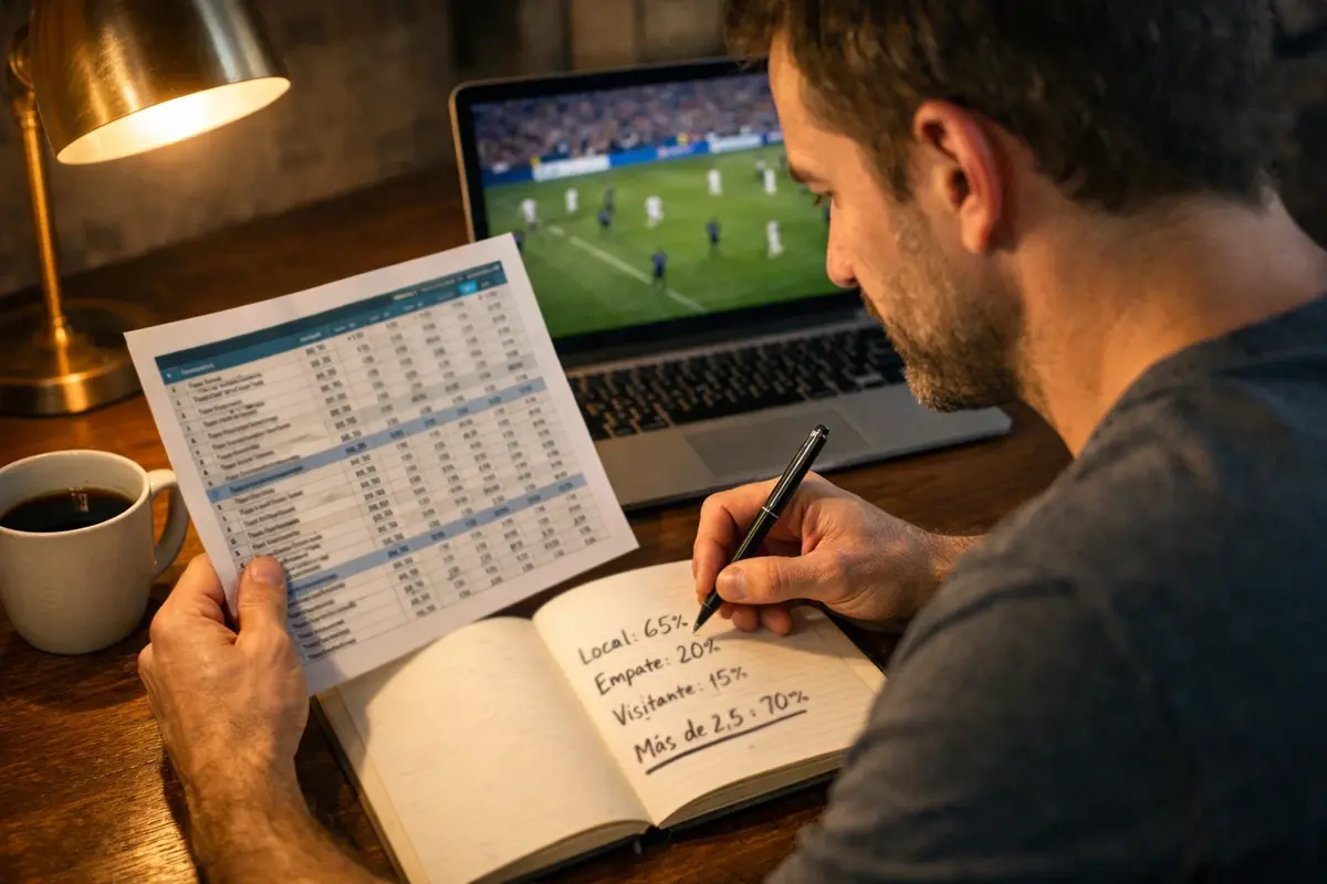 Apostador analizando documentos con datos de cuotas de fútbol sobre una mesa de trabajo