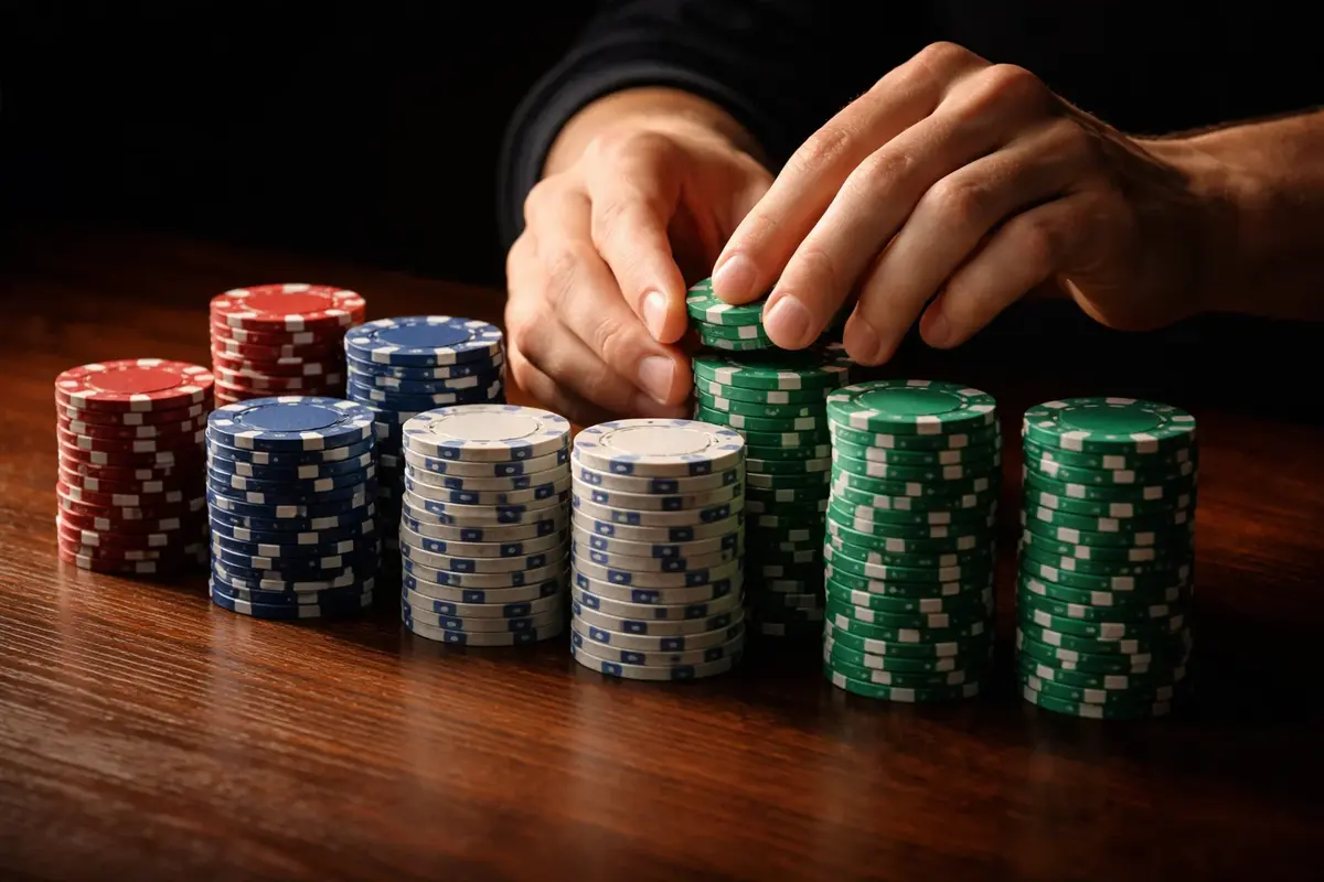Persona organizando fichas de colores en pilas ordenadas sobre una mesa de madera oscura