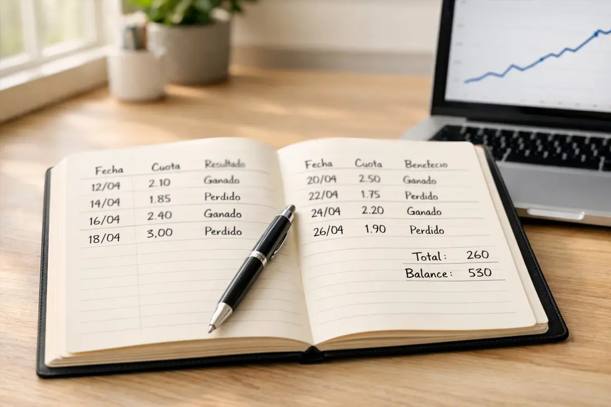 Cuaderno abierto con tablas de datos escritas a mano junto a un portátil en un escritorio ordenado