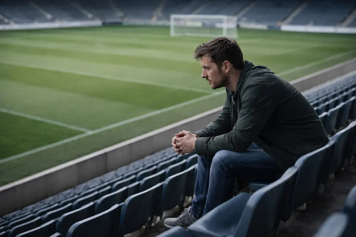 Hombre pensativo sentado en la grada vacía de un estadio de fútbol mirando el campo verde