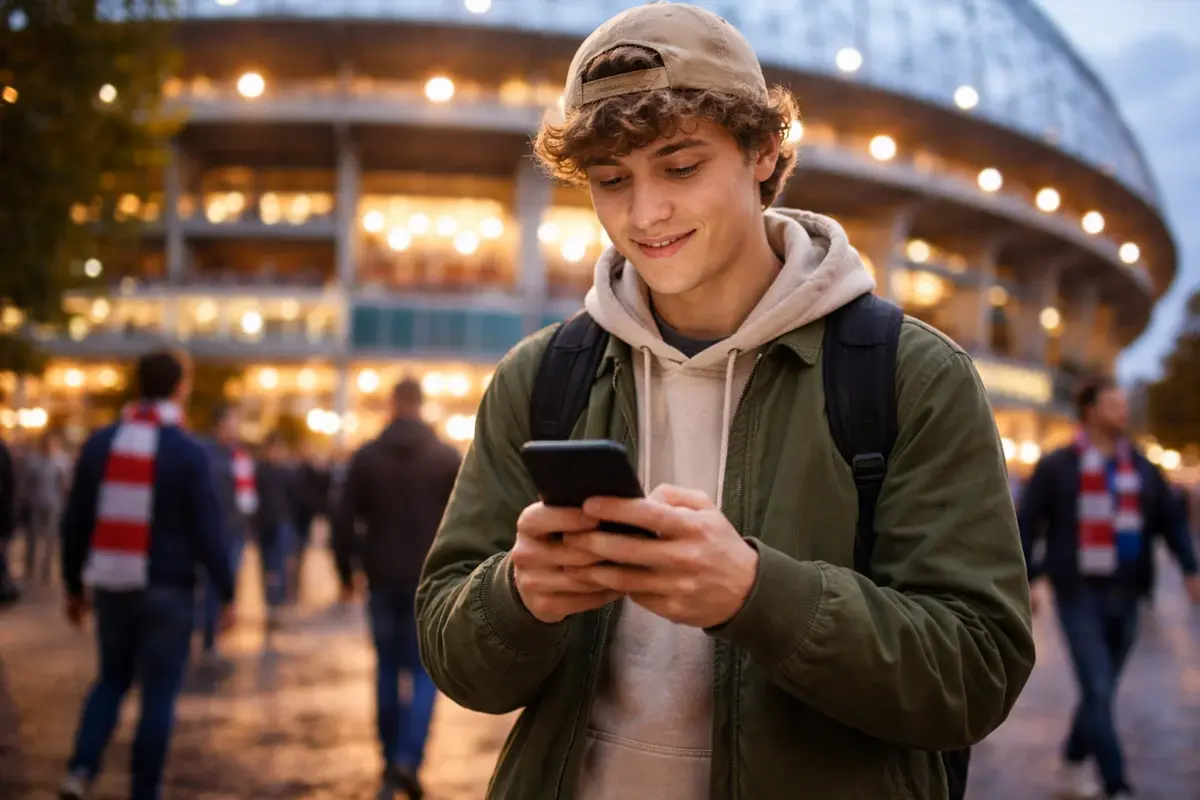 Joven usando su móvil frente a un estadio de fútbol antes de un partido nocturno