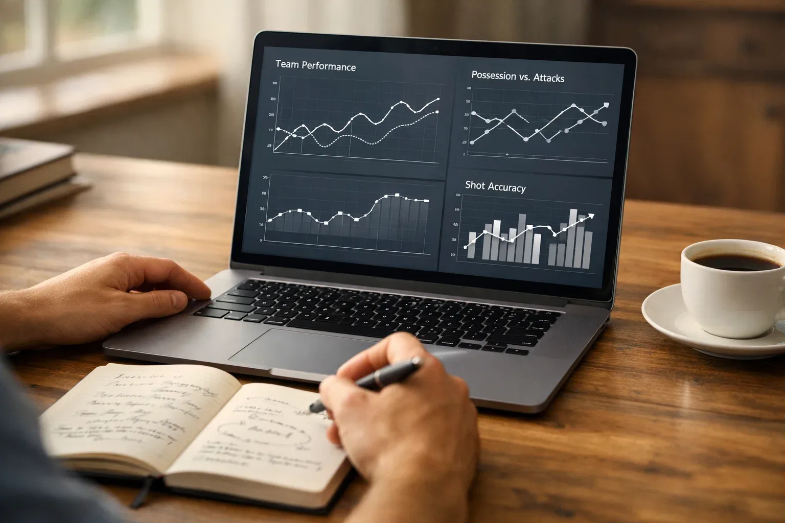 Persona analizando estadísticas de fútbol en un portátil con notas escritas a mano