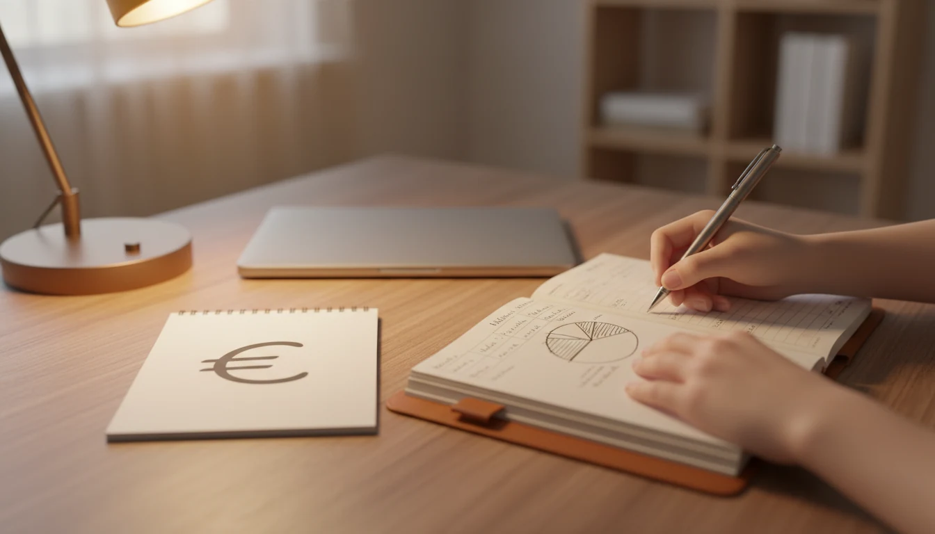 Persona organizando su presupuesto con libreta y símbolo de euro visible