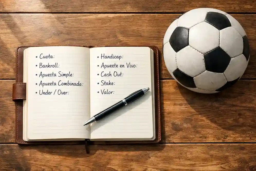 Cuaderno abierto con anotaciones junto a un balón de fútbol sobre césped natural