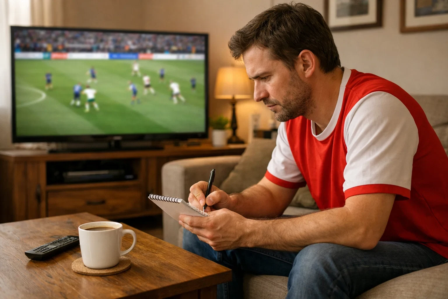 Aficionado tomando notas mientras ve un partido de fútbol