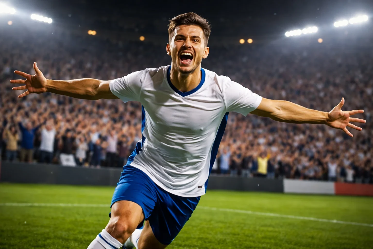 Jugador de fútbol celebrando gol en estadio iluminado