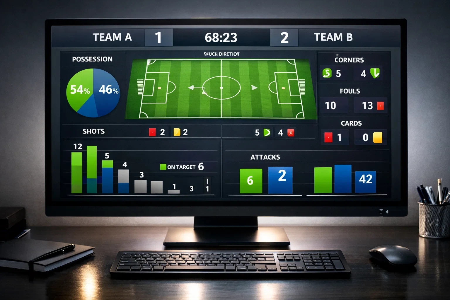 Panel de estadísticas de partido de fútbol en tiempo real