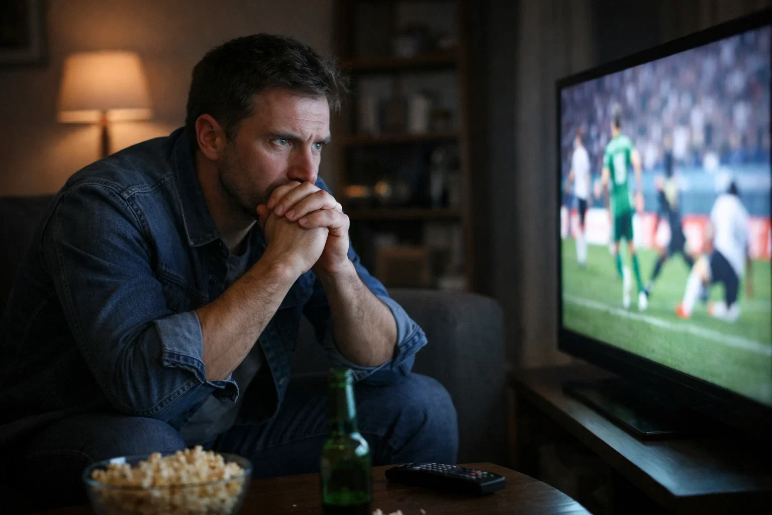 Persona concentrada viendo partido de fútbol en televisión