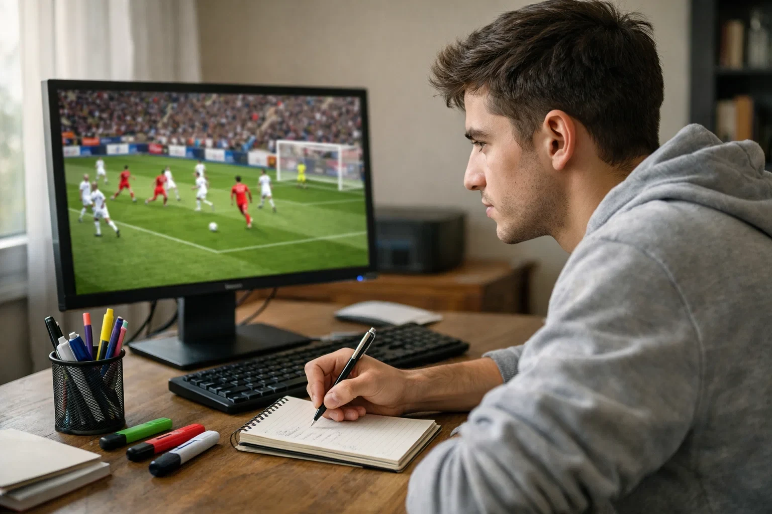 Aficionado tomando notas frente a pantalla con partido
