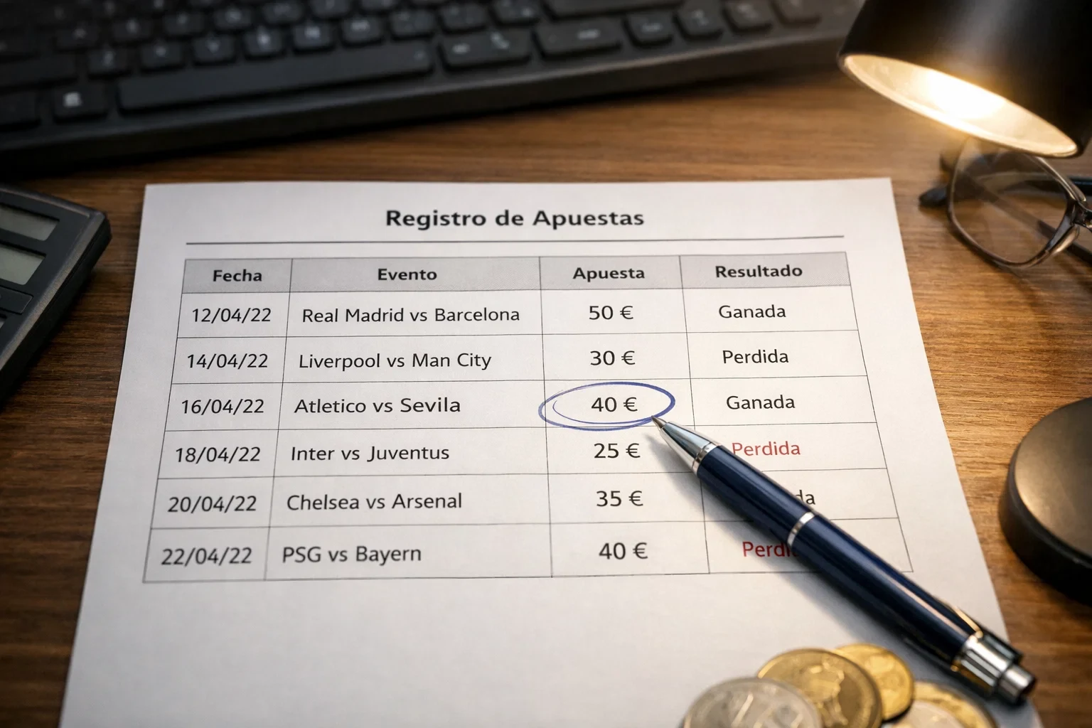 Hoja de cálculo con registro de apuestas deportivas