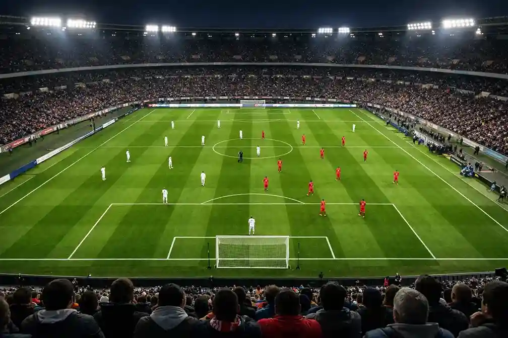 Vista panorámica de un campo de fútbol desde la tribuna alta durante un partido con ambos equipos en juego
